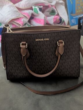 Michael Kors Brown Monogram Satchel with Tan Leather Trim